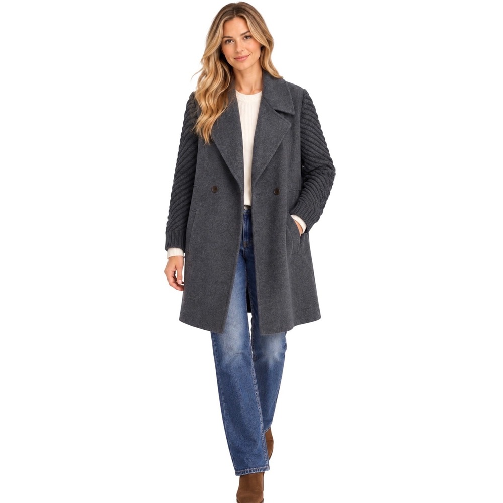 Vince Mixed Media Wool Blend Coat Dark Grey Contrast Ribbed Knit Sleeves Large